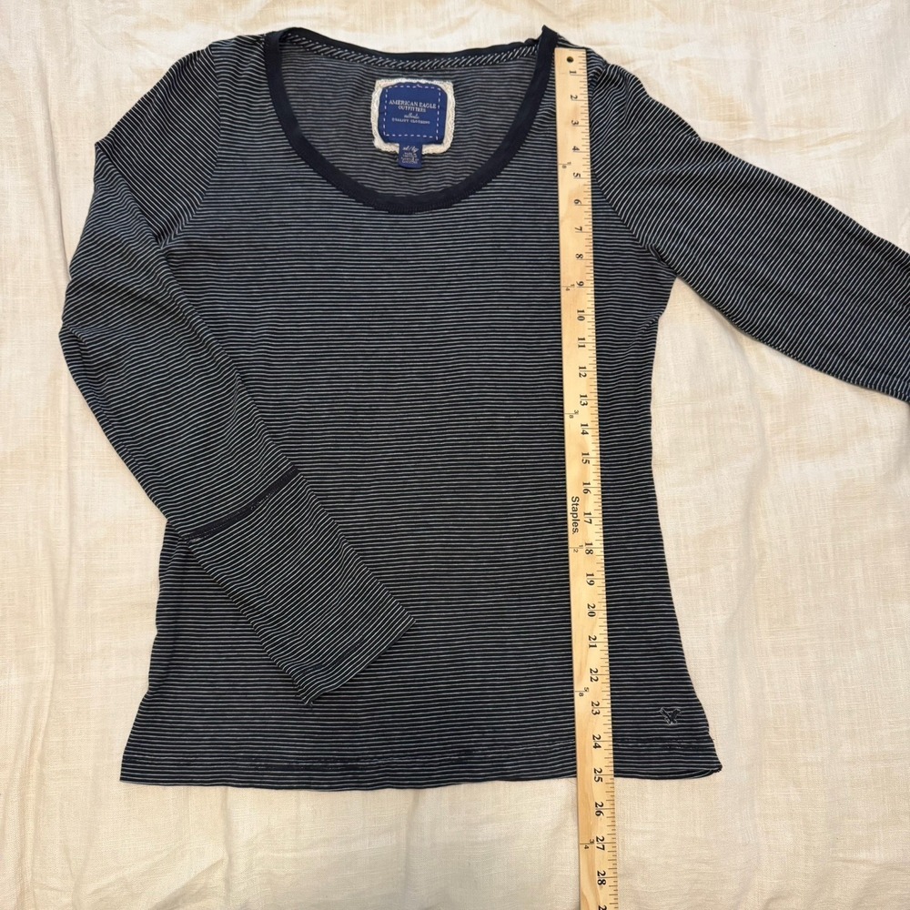 American Eagle Y2K Womens XL Black Striped Long Sleeve Top Scoop Neck VTG Preppy - Picture 2 of 7